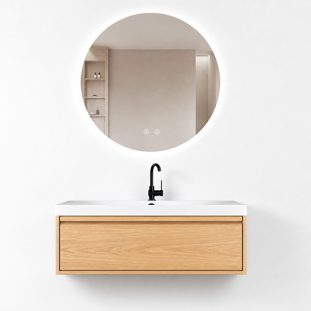 01-1000mm/Natural Wood Color-Bathroom Vanity Set with Round LED Smart Mirror, Single Drawer, Ceramic Sink
