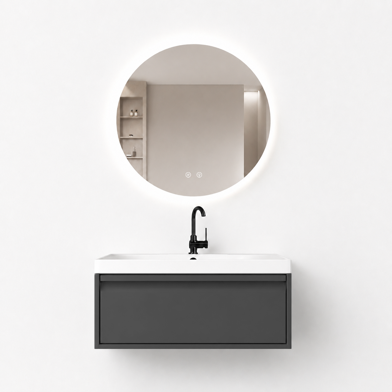 01-800mm/Premium Gray-Bathroom Vanity Set with Round LED Smart Mirror, Single Drawer, Ceramic Sink