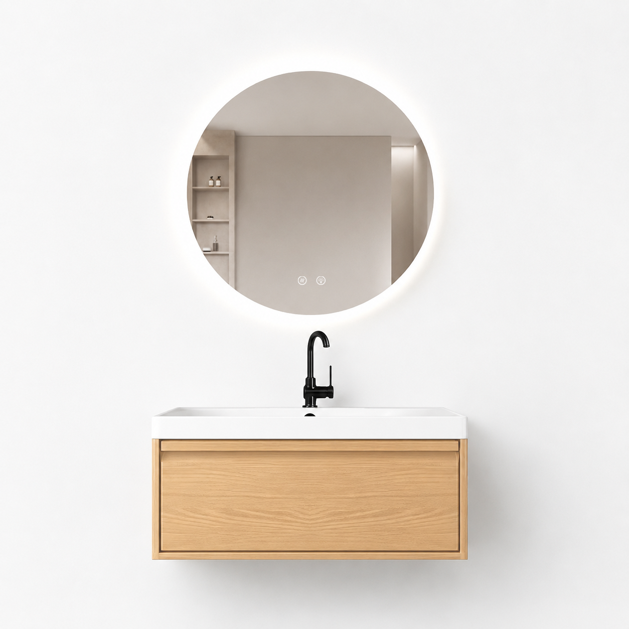 01-800mm/Natural Wood Color-Bathroom Vanity Set with Round LED Smart Mirror, Single Drawer, Ceramic Sink