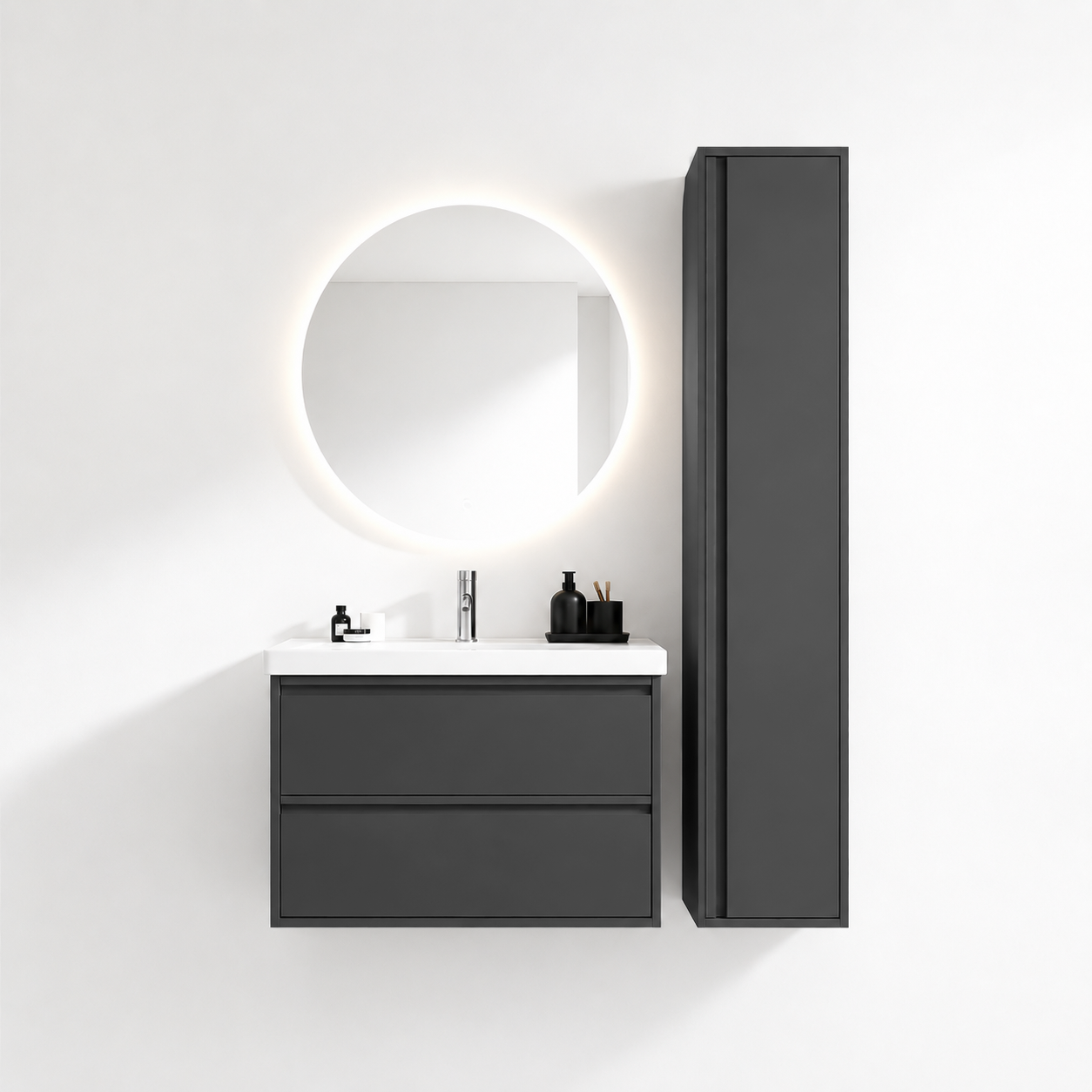 02-800mm/Premium Gray-Bathroom Vanity Set with Side Cabinet, Round LED Smart Mirror & Double Drawers,Ceramic Sink