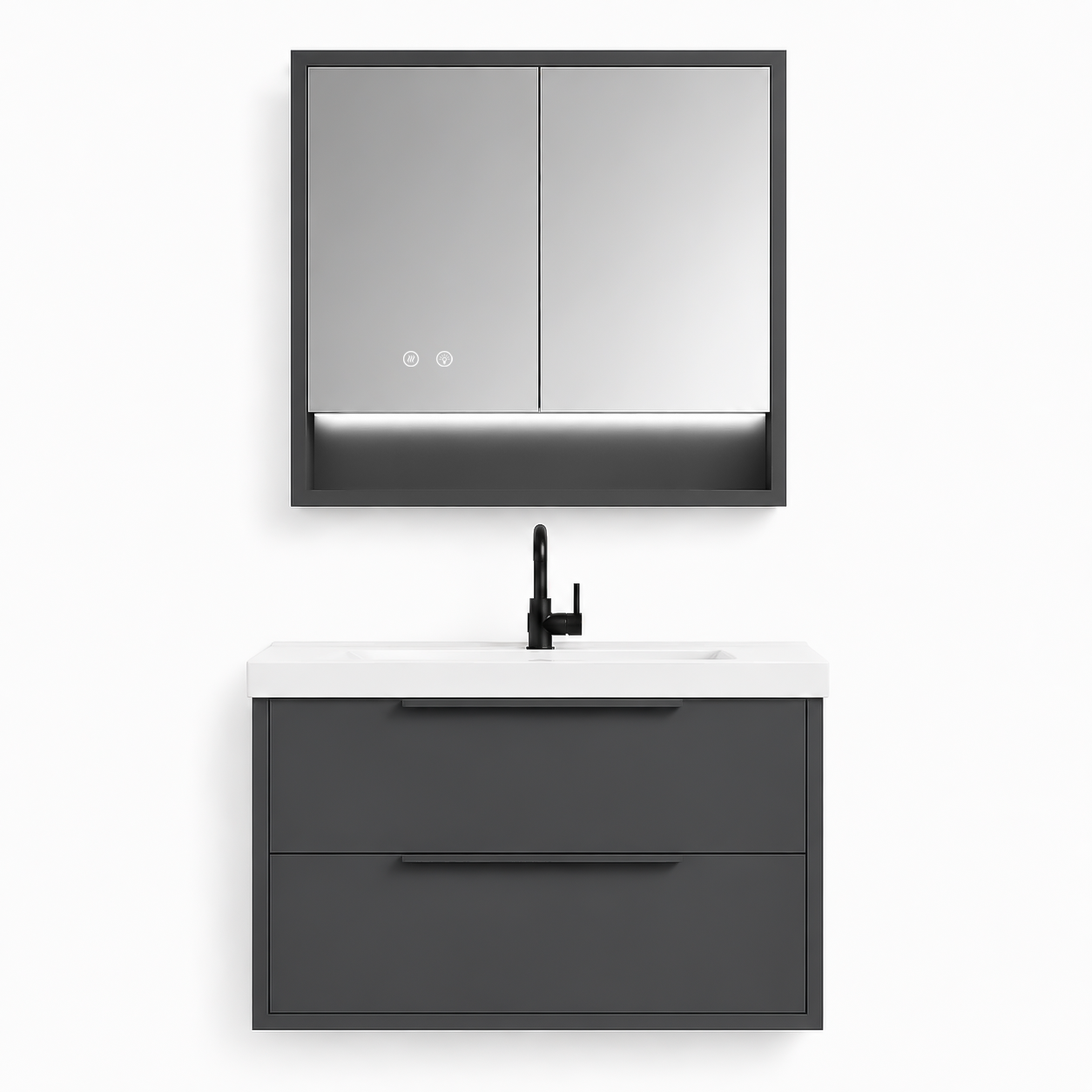 YH003-1000 Bathroom Vanity Set with LED Medicine Cabinet, 1000mm Premium Gray Vanity with Ceramic Sink & Double Drawers