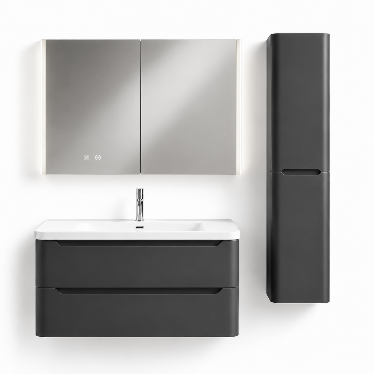 YH004-1000 Bathroom Vanity Set with Side Cabinet & LED Medicine Cabinet, 1000mm Premium Gray Vanity with Ceramic Sink & Double Drawers