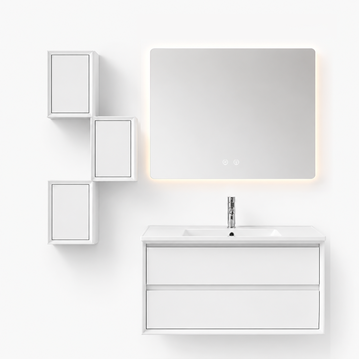 YH005-1000 Bathroom Vanity Set with Smart Mirror & 3 Grid Storage Units, 1000mm Pure White Vanity with E-Series Ceramic Sink & Double Drawers