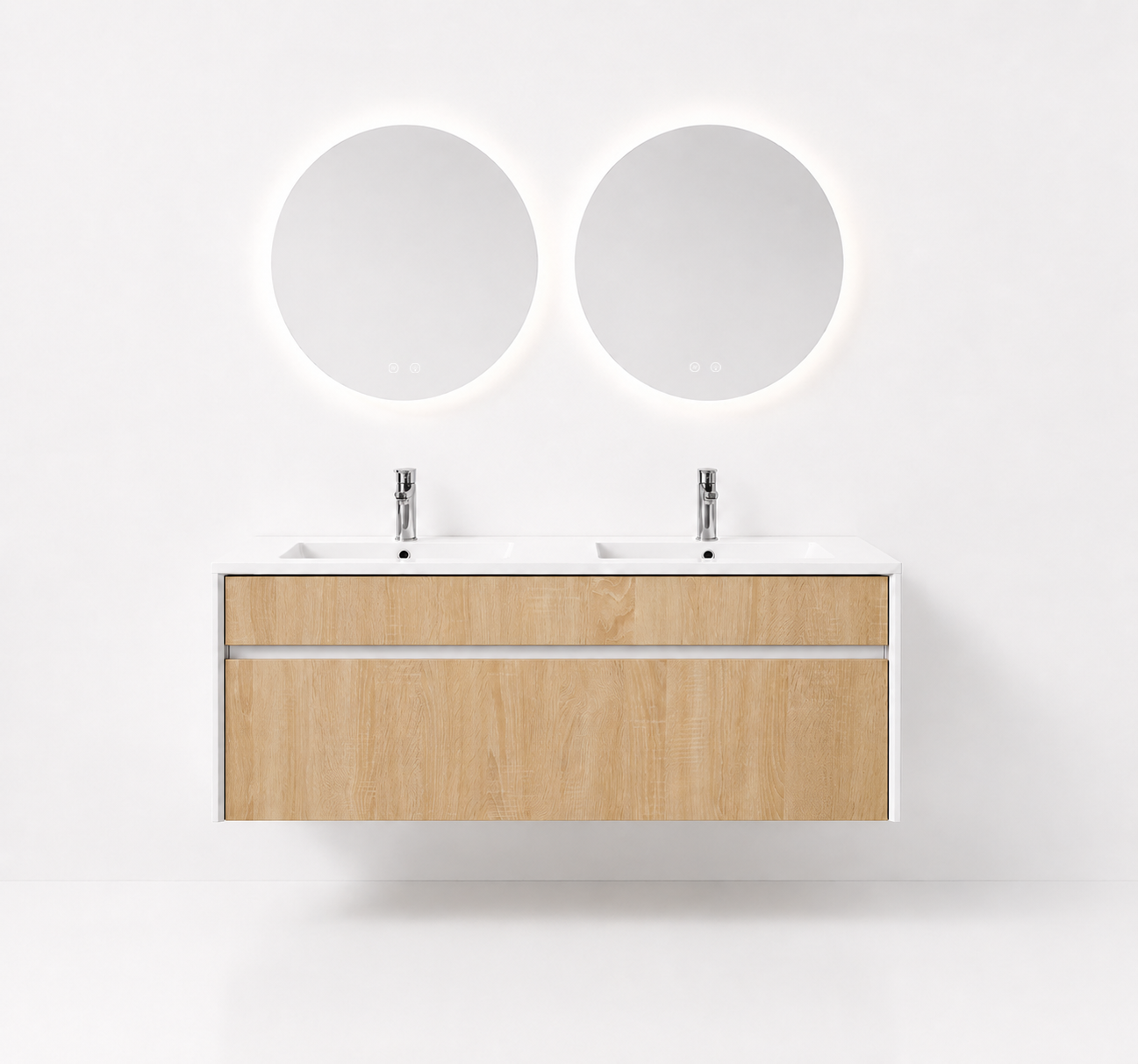 YH008-1200 Bathroom Vanity Set with 2 Round Smart Mirrors, 1200mm Iceberg White & Wood Grain Vanity with Dual Ceramic Basins