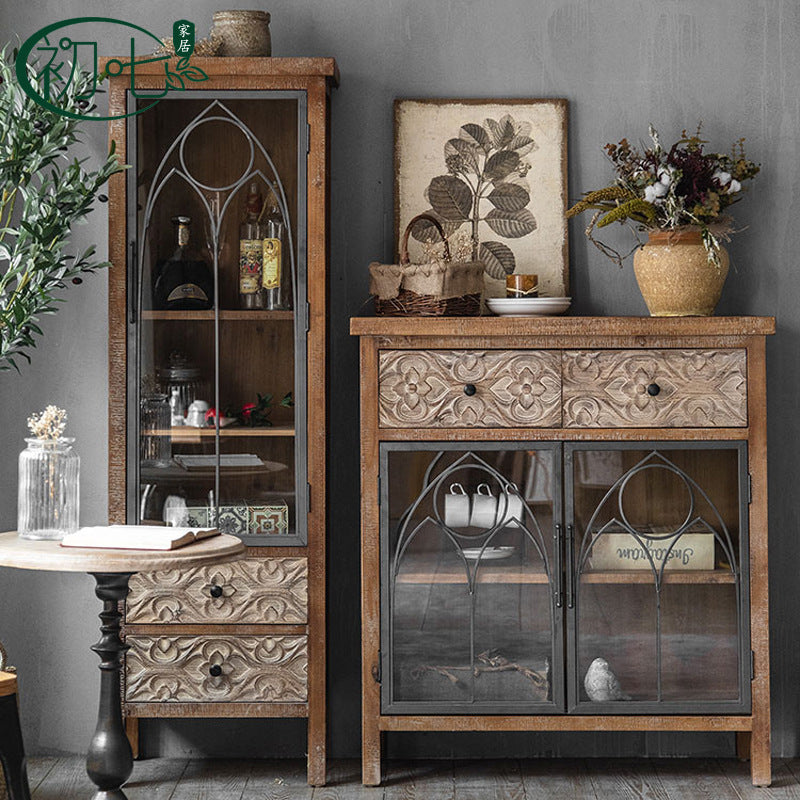 American country style carved dining side cabinet retro old storage wine cabinet living room bedroom use