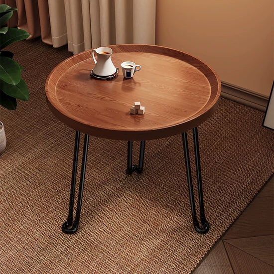 Retro walnut foldable mobile small round table, multi-functional storage, balcony next to the sofa in the living room, bedroom use