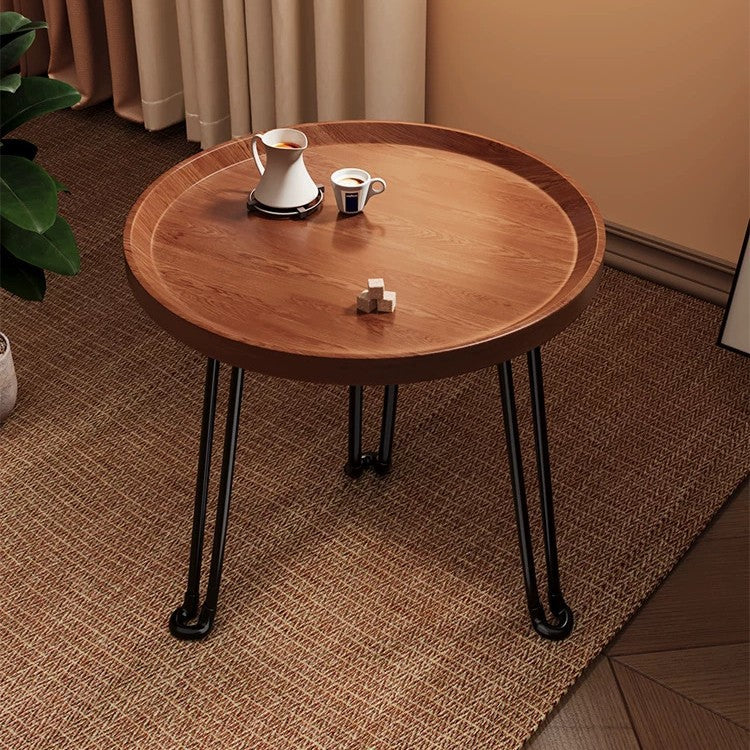 Retro walnut foldable mobile small round table, multi-functional storage, balcony next to the sofa in the living room, bedroom use