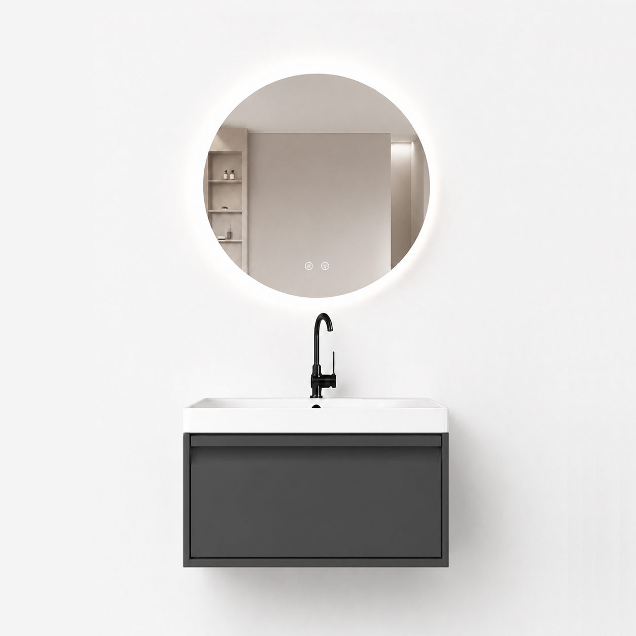 01-600mm/Premium Gray-Bathroom Vanity Set with Round LED Smart Mirror, Single Drawer, Ceramic Sink