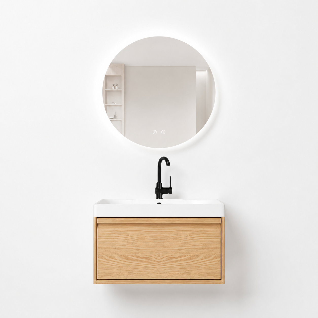 01-600mm/Natural Wood Color-Bathroom Vanity Set with Round LED Smart Mirror, Single Drawer, Ceramic Sink