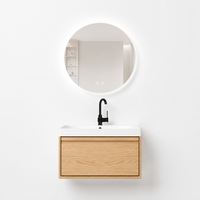01-600mm/Natural Wood Color-Bathroom Vanity Set with Round LED Smart Mirror, Single Drawer, Ceramic Sink