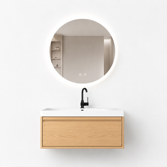 01-800mm/Natural Wood Color-Bathroom Vanity Set with Round LED Smart Mirror, Single Drawer, Ceramic Sink