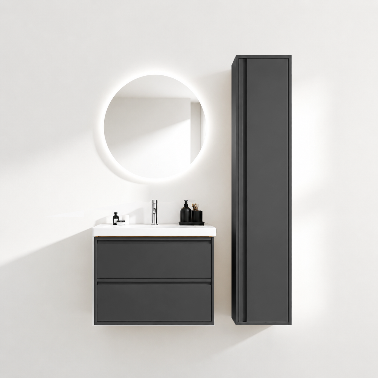 02-600mm/Premium Gray-Bathroom Vanity Set with Side Cabinet, Round LED Smart Mirror & Double Drawers，Ceramic Sink