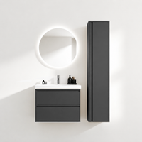 02-600mm/Premium Gray-Bathroom Vanity Set with Side Cabinet, Round LED Smart Mirror & Double Drawers，Ceramic Sink