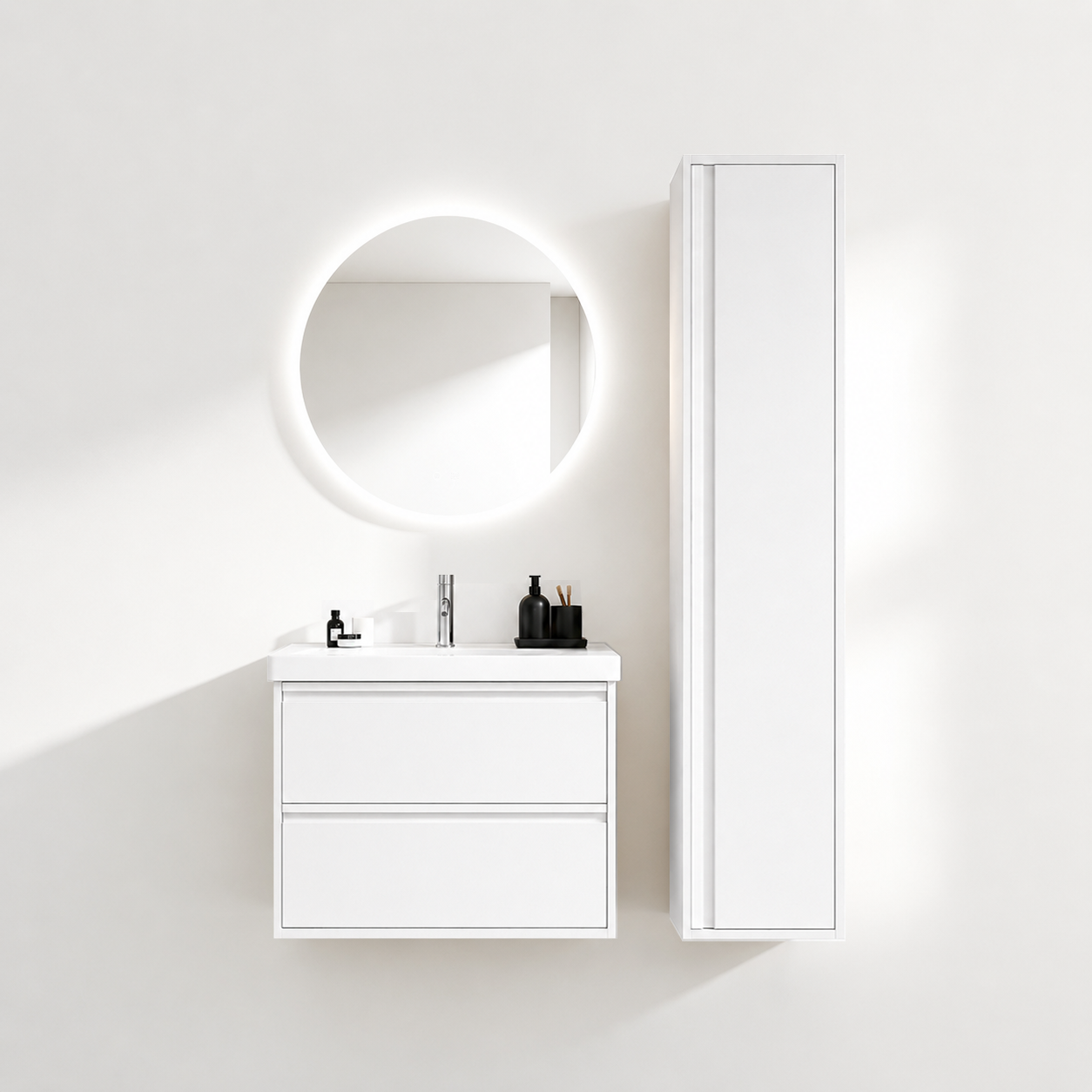 02-600mm/Glacier White-Bathroom Vanity Set with Side Cabinet, Round LED Smart Mirror & Double Drawers，Ceramic Sink