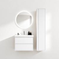 02-600mm/Glacier White-Bathroom Vanity Set with Side Cabinet, Round LED Smart Mirror & Double Drawers，Ceramic Sink
