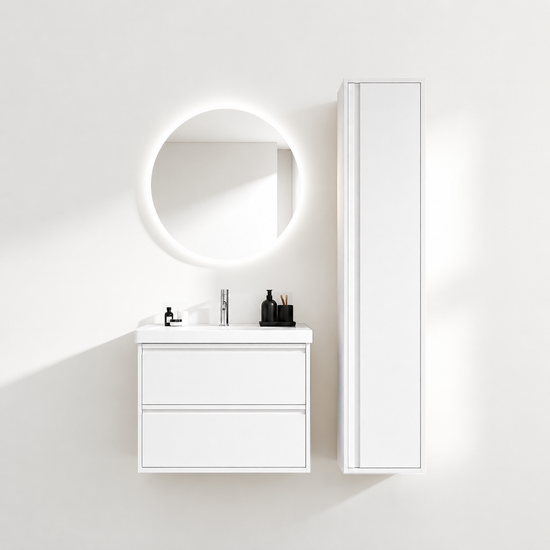 02-600mm/Glacier White-Bathroom Vanity Set with Side Cabinet, Round LED Smart Mirror & Double Drawers，Ceramic Sink