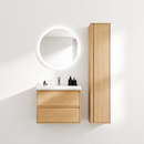 02-600mm/Natural Wood Color-Bathroom Vanity Set with Side Cabinet, Round LED Smart Mirror & Double Drawers，Ceramic Sink