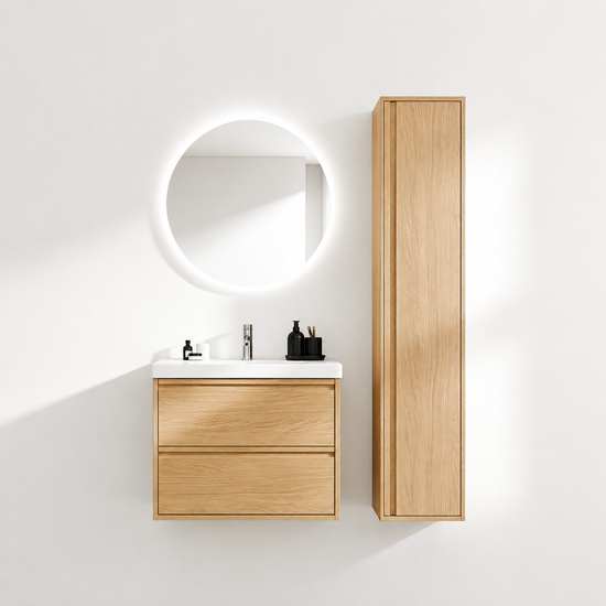 02-600mm/Natural Wood Color-Bathroom Vanity Set with Side Cabinet, Round LED Smart Mirror & Double Drawers，Ceramic Sink
