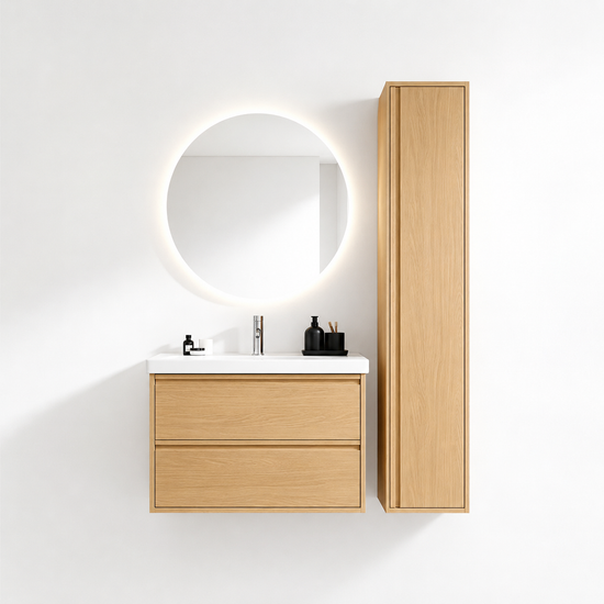 02-800mm/Natural Wood Color-Bathroom Vanity Set with Side Cabinet, Round LED Smart Mirror & Double Drawers，Ceramic Sink