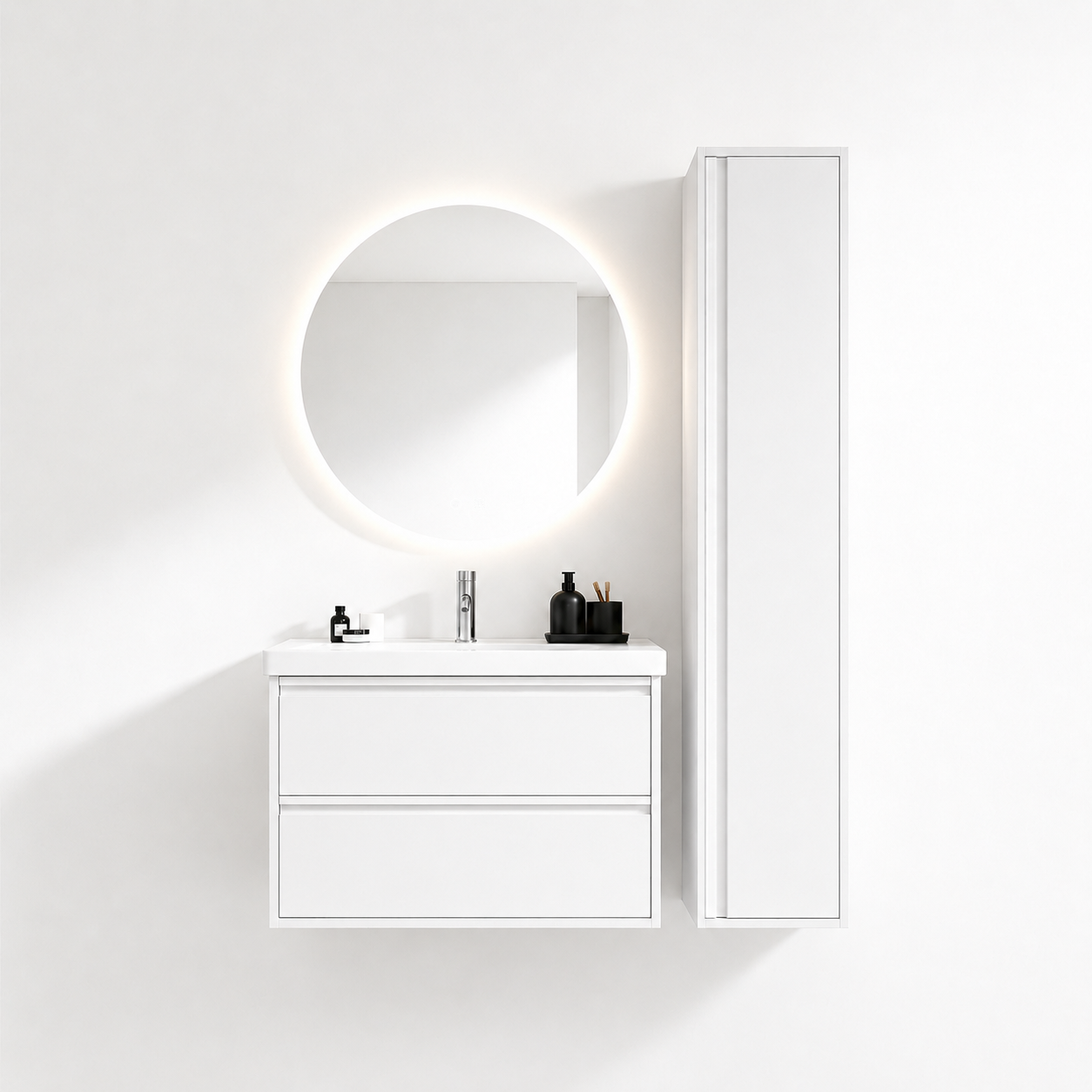 02-800mm/Glacier White-Bathroom Vanity Set with Side Cabinet, Round LED Smart Mirror & Double Drawers，Ceramic Sink