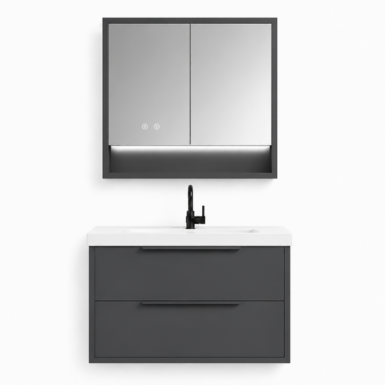 YH003-1000 Bathroom Vanity Set with LED Medicine Cabinet, 1000mm Premium Gray Vanity with Ceramic Sink & Double Drawers