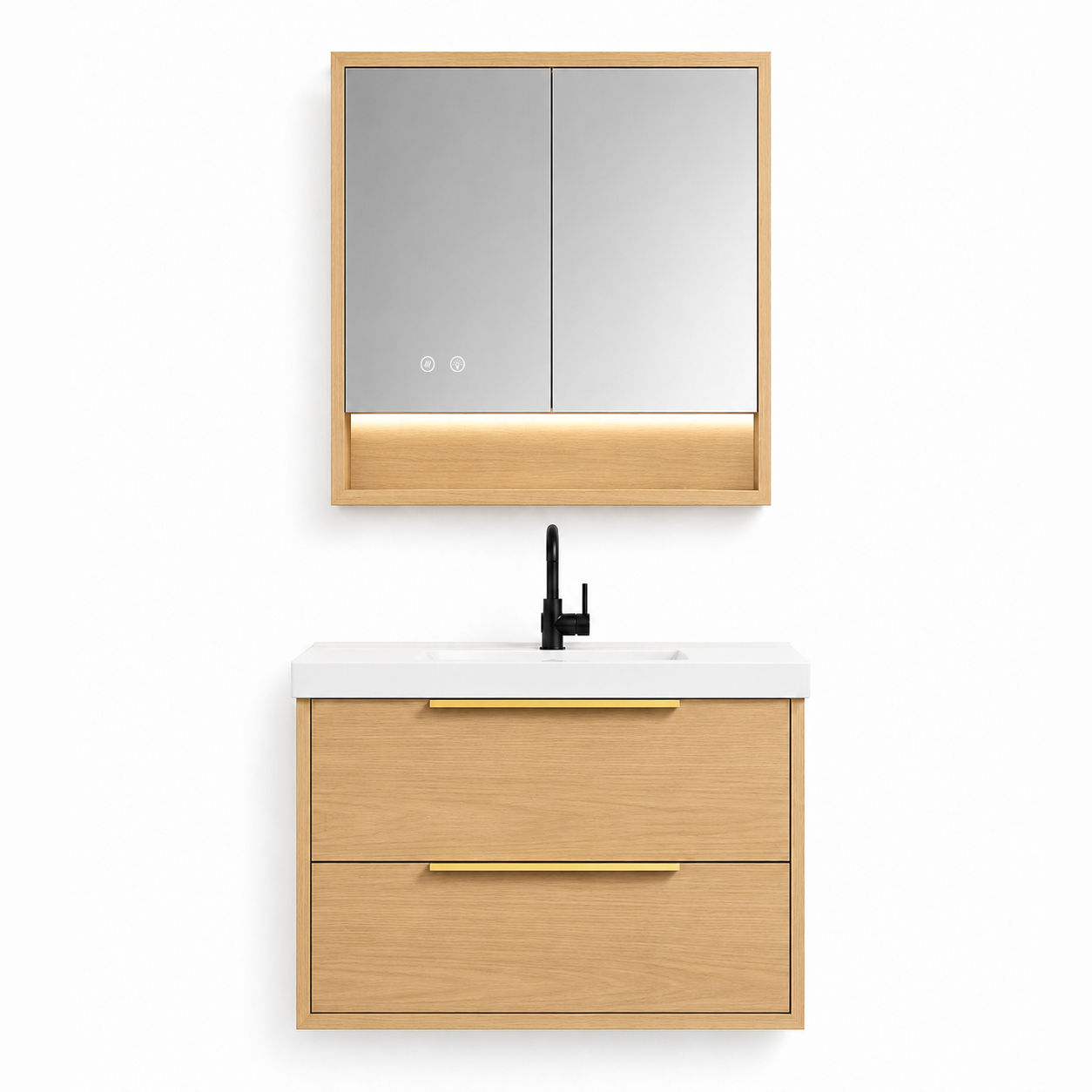 YH003-600 Bathroom Vanity Set with LED Medicine Cabinet, 600mm Natural Wood Tone Vanity with Ceramic Sink & Double Drawers 二、Description（描述）