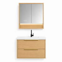 YH003-600 Bathroom Vanity Set with LED Medicine Cabinet, 600mm Natural Wood Tone Vanity with Ceramic Sink & Double Drawers 二、Description（描述）