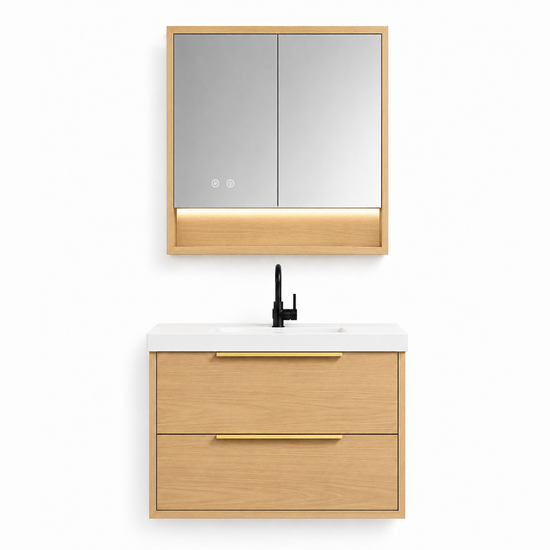 YH003-600 Bathroom Vanity Set with LED Medicine Cabinet, 600mm Natural Wood Tone Vanity with Ceramic Sink & Double Drawers 二、Description（描述）