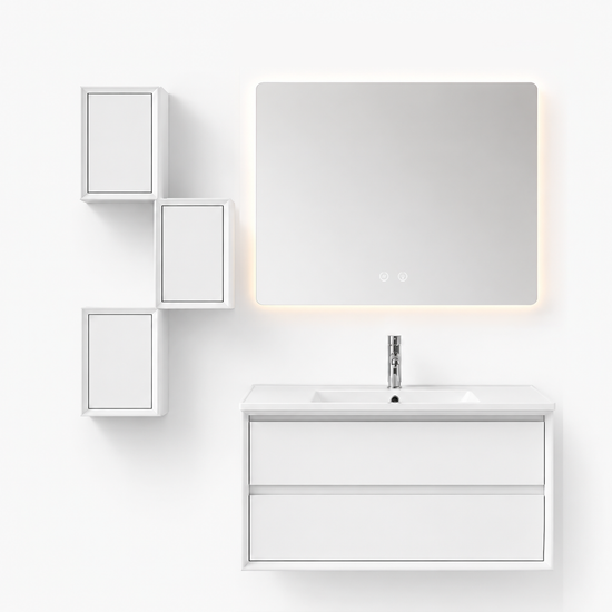 YH005-1000 Bathroom Vanity Set with Smart Mirror & 3 Grid Storage Units, 1000mm Pure White Vanity with E-Series Ceramic Sink & Double Drawers