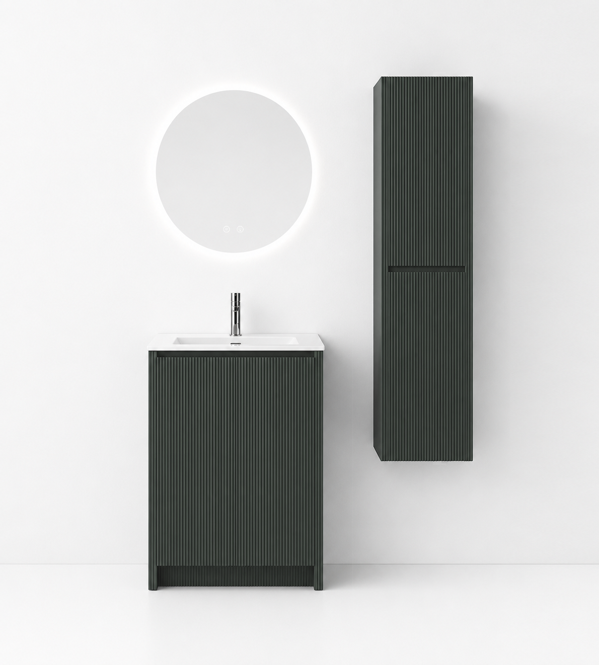 YH006-600 Bathroom Vanity Set with Round Smart Mirror & Side Cabinet, 600mm Cypress Green Vanity with B-Series Ceramic Sink