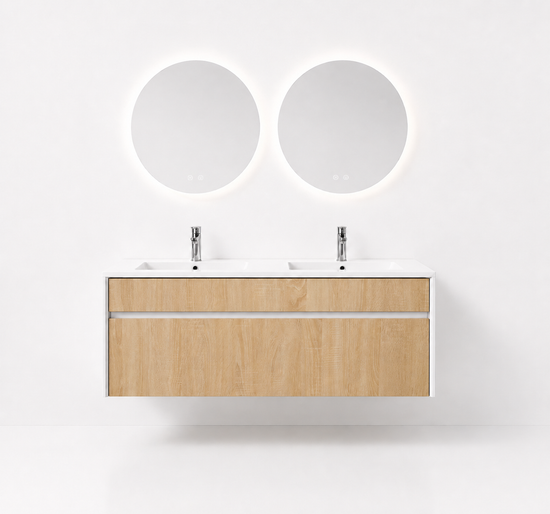 YH008-1200 Bathroom Vanity Set with 2 Round Smart Mirrors, 1200mm Iceberg White & Wood Grain Vanity with Dual Ceramic Basins