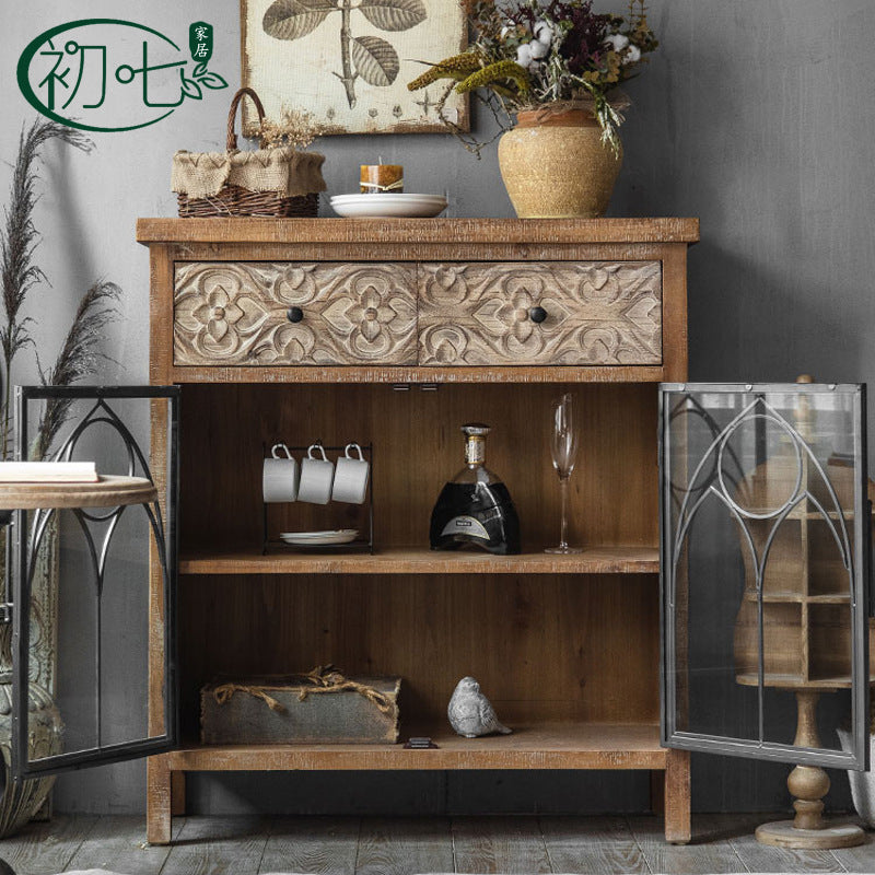 American country style carved dining side cabinet retro old storage wine cabinet living room bedroom use