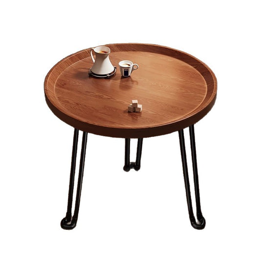 Retro walnut foldable mobile small round table, multi-functional storage, balcony next to the sofa in the living room, bedroom use